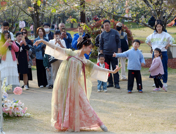 清明假期期间，上海顾村公园樱花岛上，游客在观赏国风汉服快闪表演。（图片来源：视觉中国）