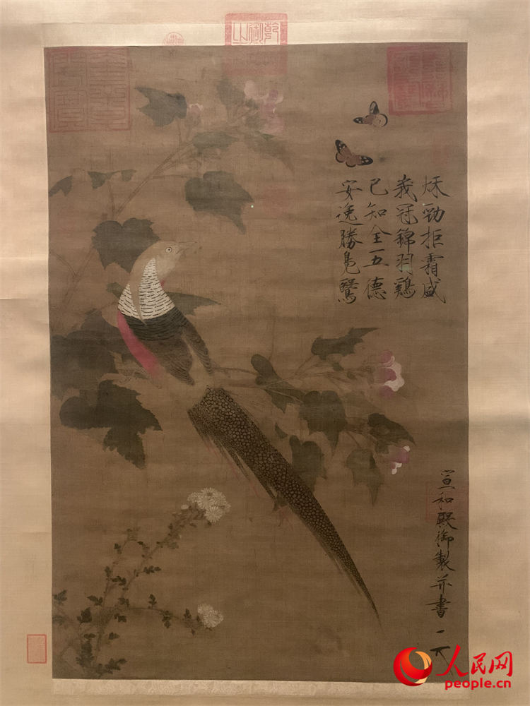 锦鸡芙蓉图轴（宋 赵佶）。人民网记者 韦衍行摄
