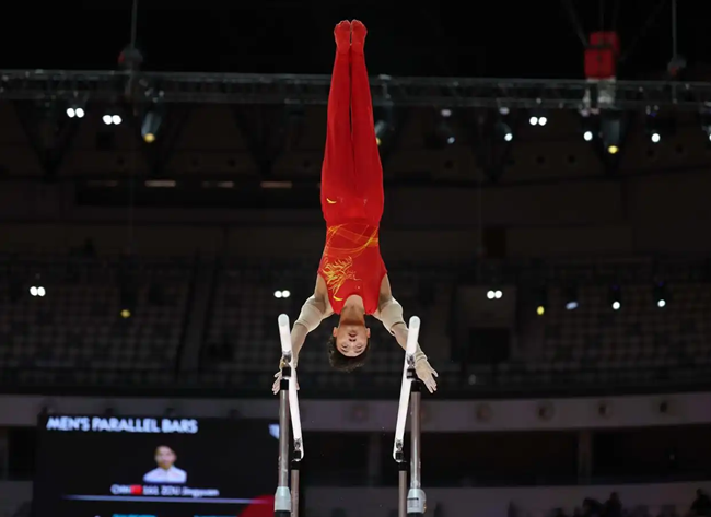 邹敬园在双杠决赛中。新华社记者 白雪飞摄