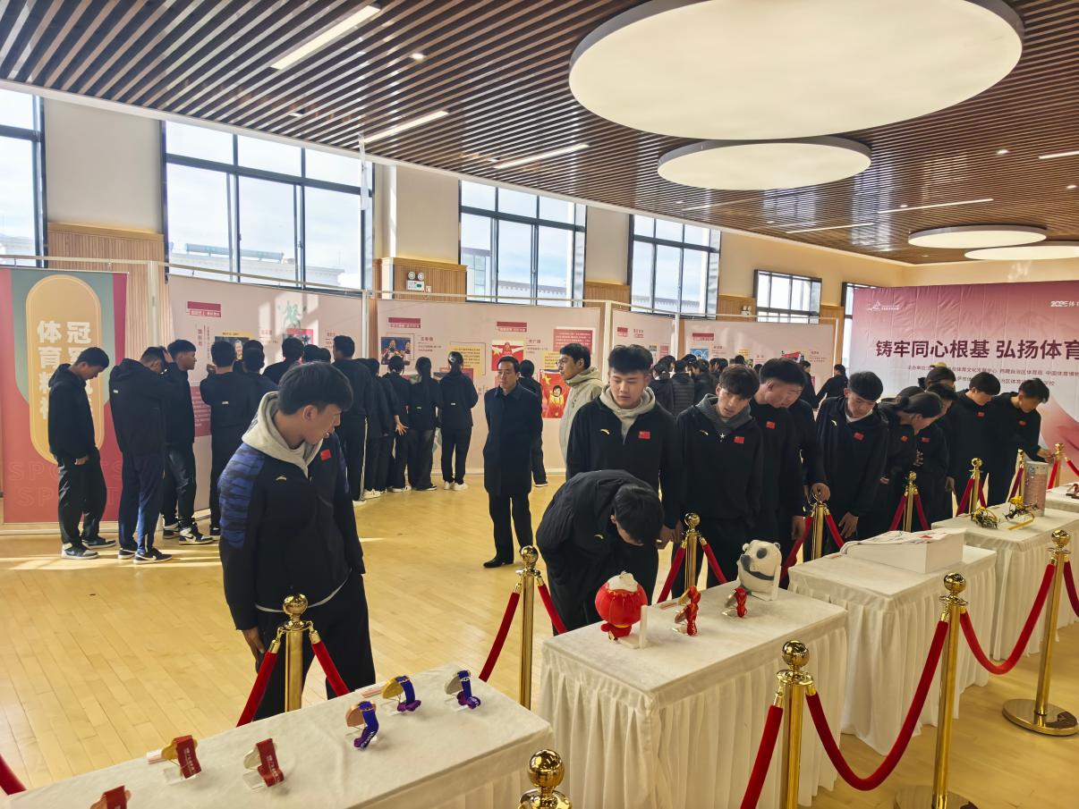 学生们观看体育文化展览。主办方供图