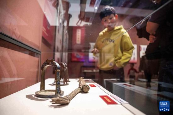 2月7日，在内蒙古博物院，小观众参观“马舞新春——丙午马年全球生肖文化联展”上展出的现代马鞭与近现代龙首铁马镫。